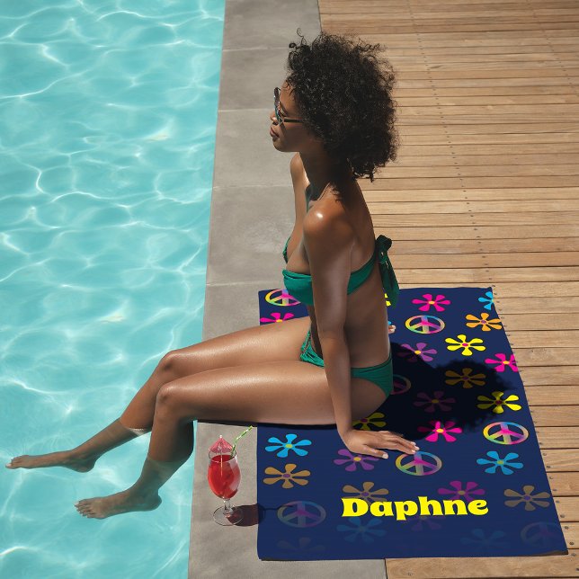 Groovy Hippie Peace and Flower Shower Custom Name Beach Towel (Creator Uploaded)