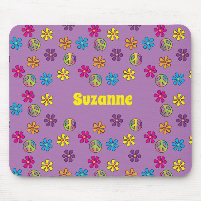 Groovy Hippie Peace and Flower Shower Mouse Mat (Front)