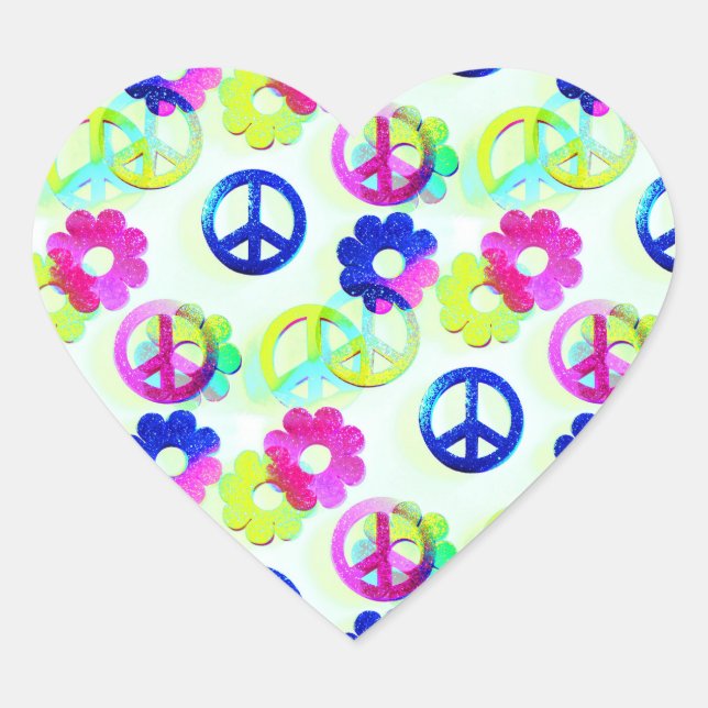 Groovy Hippie Peace Signs Flower Power Aqua Heart Sticker (Front)