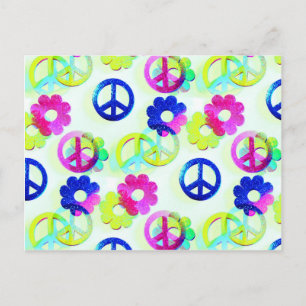 Groovy Hippie Peace Signs Flower Power Aqua Postcard