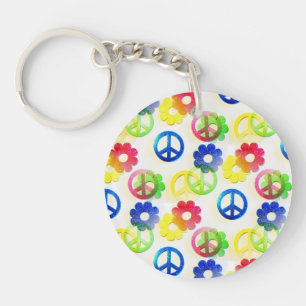 Groovy Hippie Peace Signs Flower Power Sparkle Key Ring