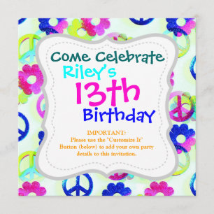 Groovy Hippie Peace Signs Flower Power Sparkle Pat Invitation