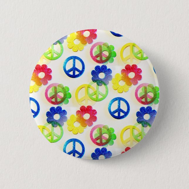 Groovy Hippie Peace Signs Flower Power Sparkles 6 Cm Round Badge (Front)