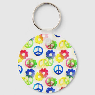 Groovy Hippie Peace Signs Flower Power Sparkles Key Ring