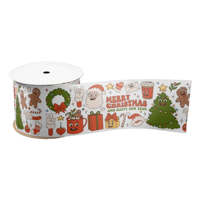 Groovy Hippie Retro Merry Christmas Santa Funny  Satin Ribbon (Spool)