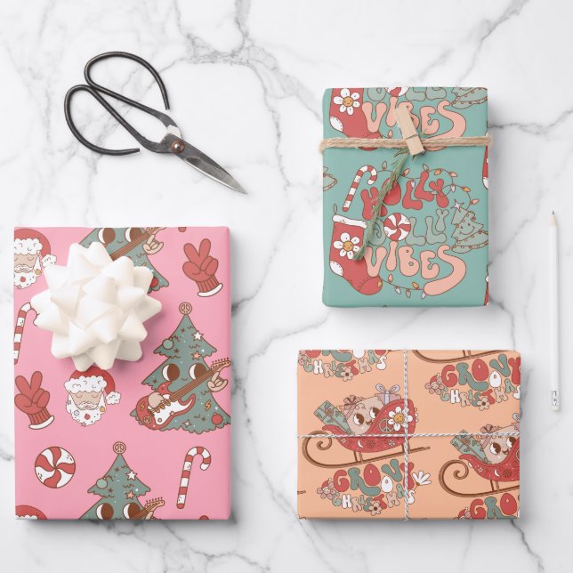 Groovy Hippie Rockin Christmas Tree Vibes Wrapping Paper Sheet (Front)