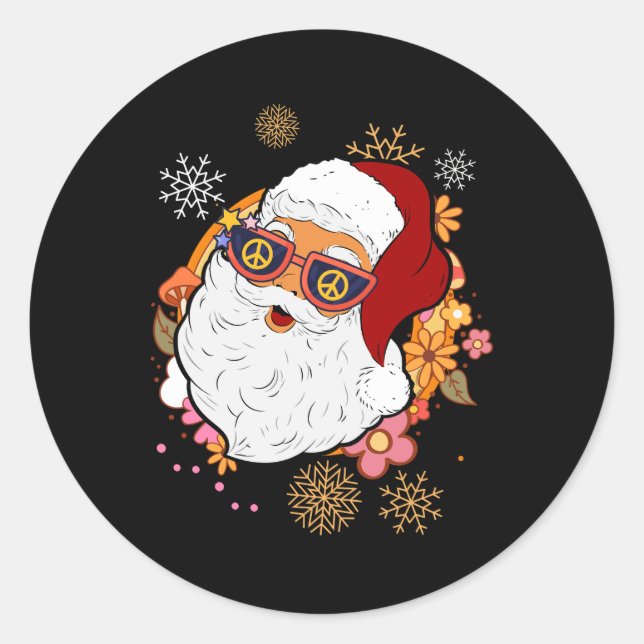 Groovy Hippie Santa Claus Floral Peace Sign Retro  Classic Round Sticker (Front)