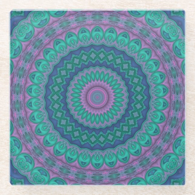 Groovy Hippie Trippy Colourful Jewel Tone Mandala Glass Coaster (Front)