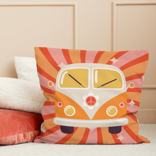 Groovy Hippie Van Pink & Orange 60s Retro Cushion (Groovy Hippie Van Pink & Orange 60s Retro Throw Pillow teen girl college dorm room decor decoration)