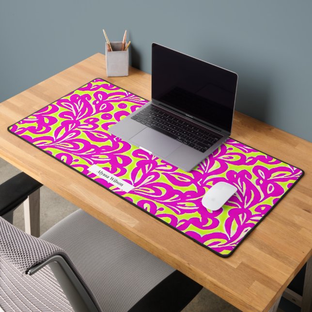 Groovy Hot Pink & Neon Yellow Damask Pattern Desk Mat (Office 2)