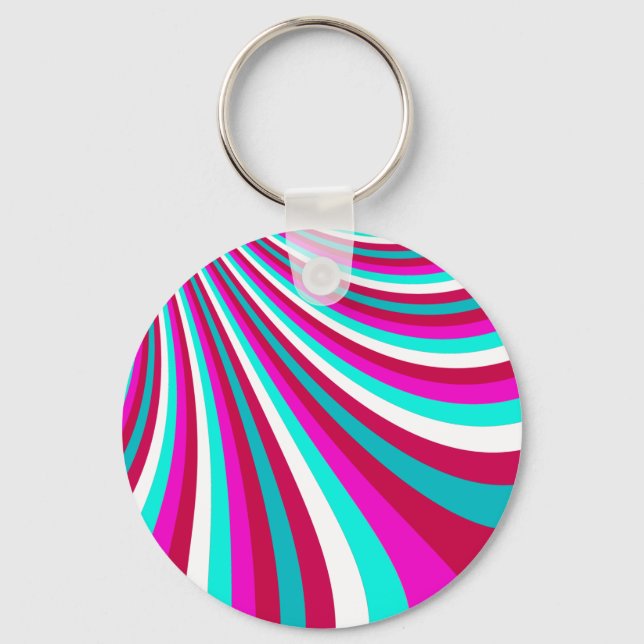 Groovy Hot Pink Teal Rainbow Slide Stripes Pattern Key Ring (Front)