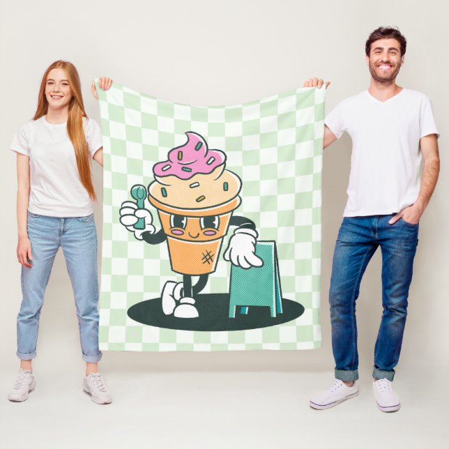 Groovy Ice Cream Cone 60s Retro Green Chequered Fleece Blanket (In Situ)