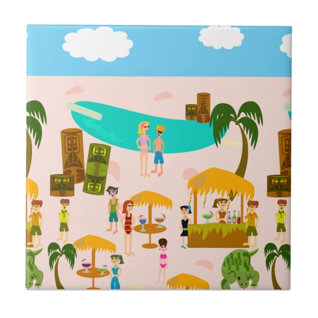 Groovy Jet Set Pool Party Retro Art Cartoon Tile (Front)