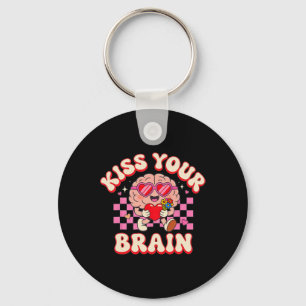 Groovy Kiss Your Brain Retro Valentines Day Teache Key Ring