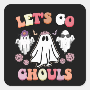 Groovy Let's Go Ghouls Halloween Ghost Retro Square Sticker