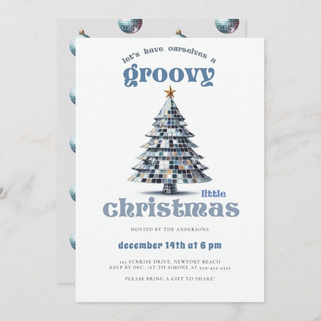 Groovy Little Christmas Disco Blue Christmas Party Invitation (Front/Back)