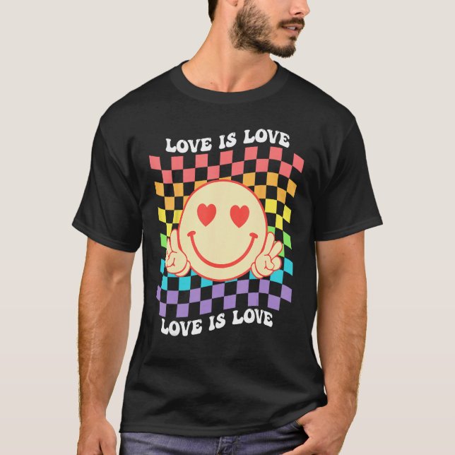 Groovy Love Is Love Hippie Face Rainbow LGBT Gay A T-Shirt (Front)