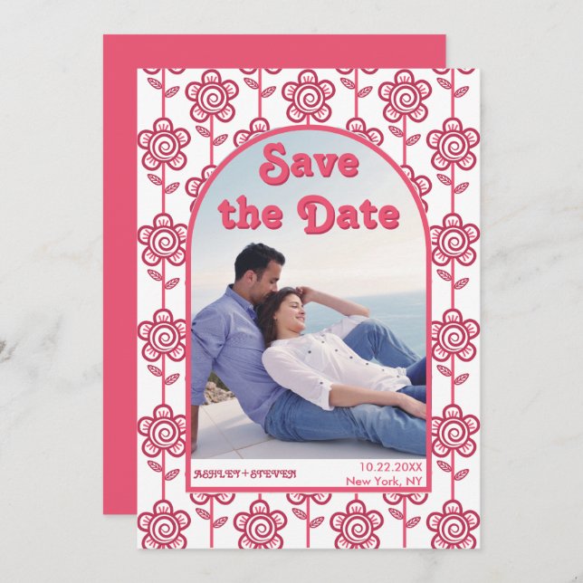 Groovy magenta and pink flowers 70s inspired photo save the date (Front/Back)