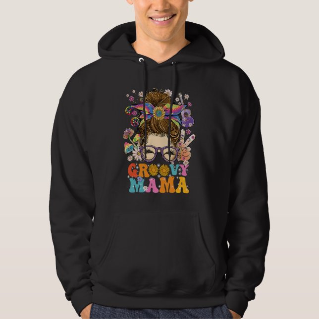 Groovy Mama Messy Bun Retro Hippie Vintage Hoodie (Front)