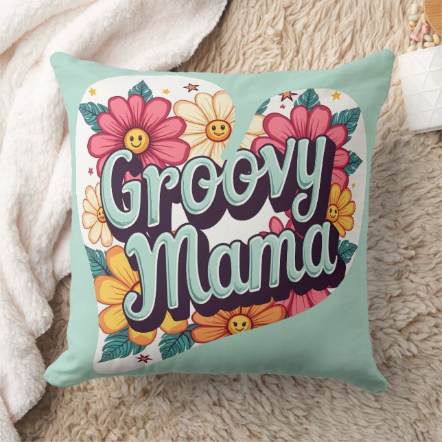 Groovy Mama Retro Floral 70s Aesthetic Design Cushion (Blanket)