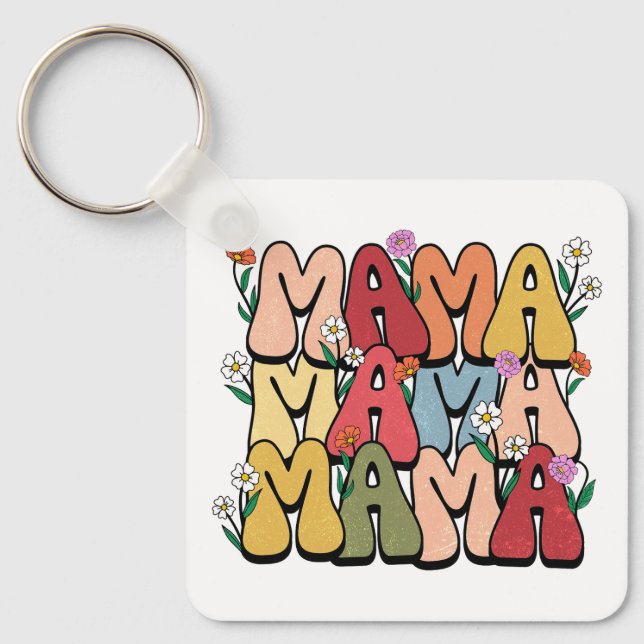 Groovy "Mama" with Wildflowers Key Ring (Front)