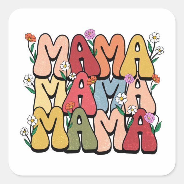 Groovy "Mama" with Wildflowers Square Sticker (Front)