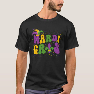 Groovy Mardi Gras Purple Yellow Green Beads Mask F T-Shirt