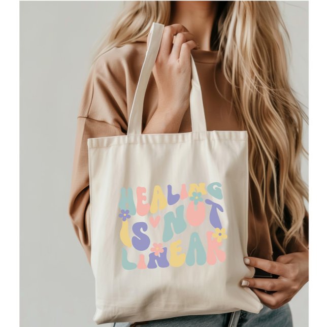 Groovy Mental Health Quote Healing is not Linear Tote Bag (Creator Uploaded)