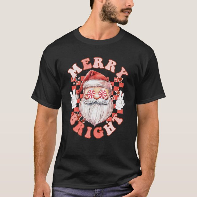 Groovy Merry and Bright Funny Santa Retro Christma T-Shirt (Front)