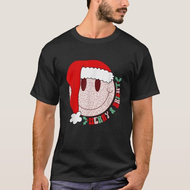 Groovy Merry Bright Leopard Christmas Happy Face X T-Shirt (Front)