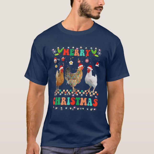 Groovy Merry Christmas Chicken Santa Hat Lights Xm T-Shirt (Front)