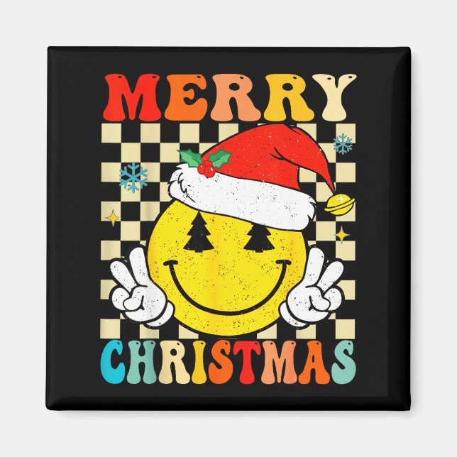 Groovy Merry Christmas Smile Face Santa Hat Xmas T Magnet (Front)