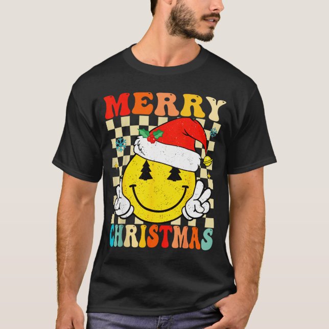 Groovy Merry Christmas Smile Face Santa Hat Xmas T T-Shirt (Front)
