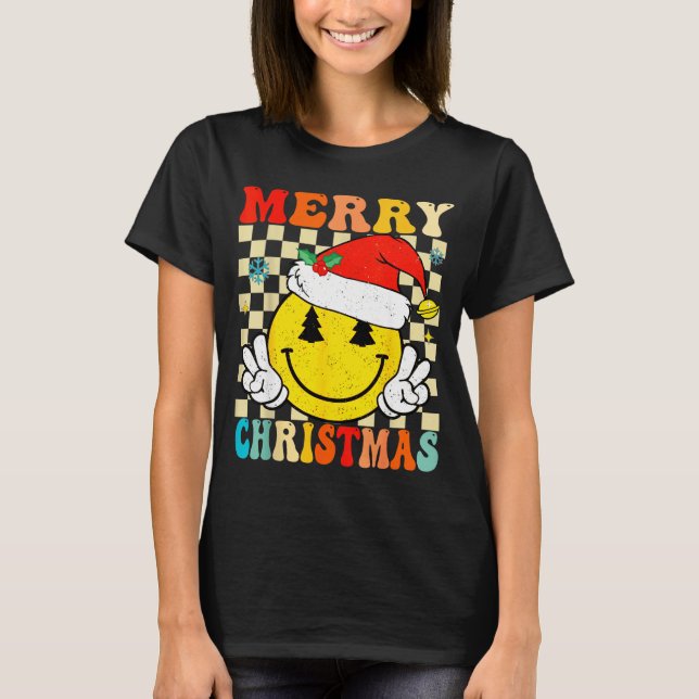 Groovy Merry Christmas Smile Face Santa Hat Xmas T T-Shirt (Front)