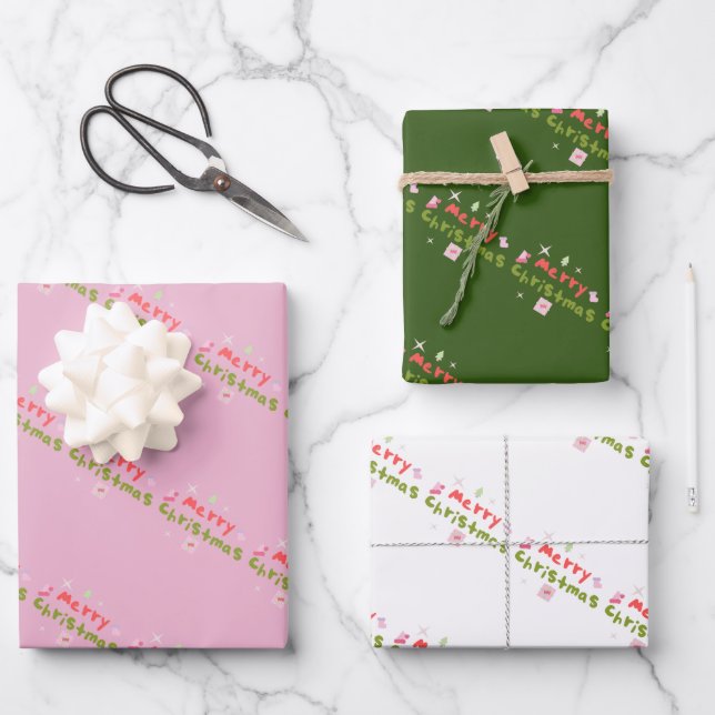 Groovy Merry Christmas Tree Bubble Letters      Wrapping Paper Sheet (Front)