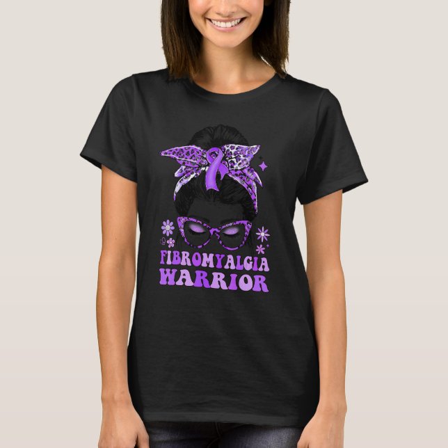 Groovy Messy Bun Leopard Purple Ribbon Fibromyalgi T-Shirt (Front)