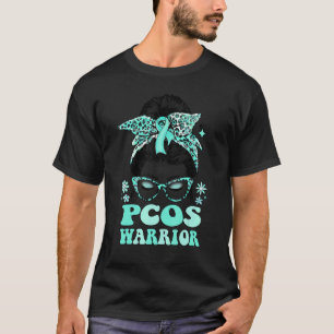 Groovy Messy Bun Leopard Teal Ribbon PCOS Warrior T-Shirt