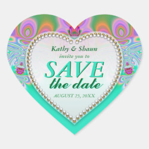 Groovy Mint & Pink Save the Date Heart Stickers