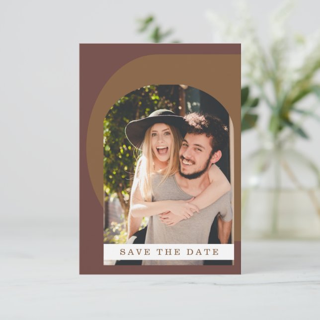 Groovy Modern Geometric Photo Brown  Save The Date (Standing Front)