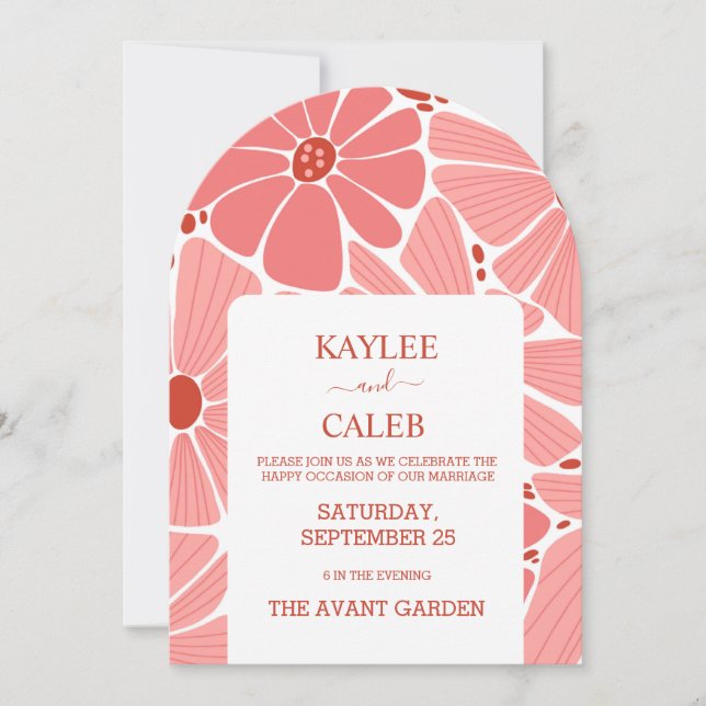Groovy modern pink daisy wedding invitation (Front)