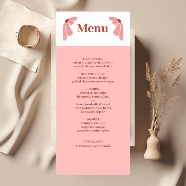 Groovy modern pink daisy wedding menu (Creator Uploaded)