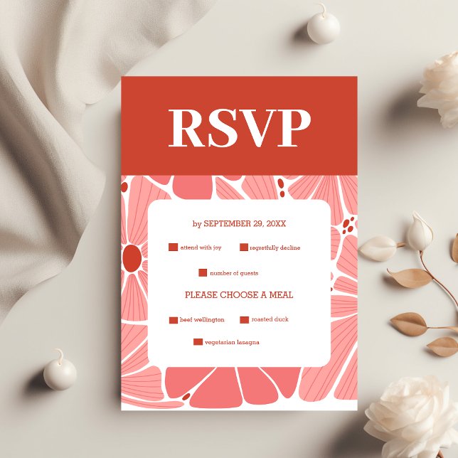 Groovy modern pink daisy wedding RSVP card (Creator Uploaded)