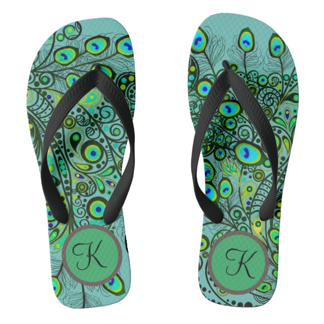 Groovy Monogram Neon Green Peacock Feathers Flip F Flip Flops (Footbed)