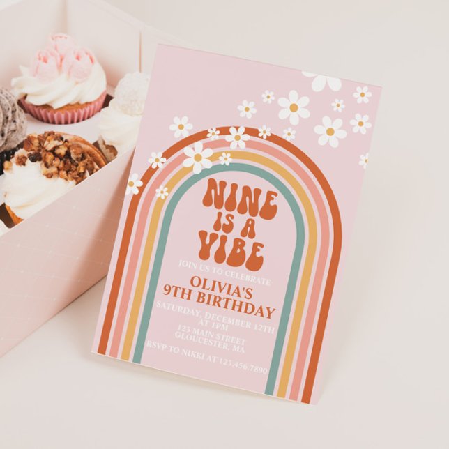 Groovy Nine is a Vibe daisy rainbow 9TH birthday Invitation (Creator Uploaded)