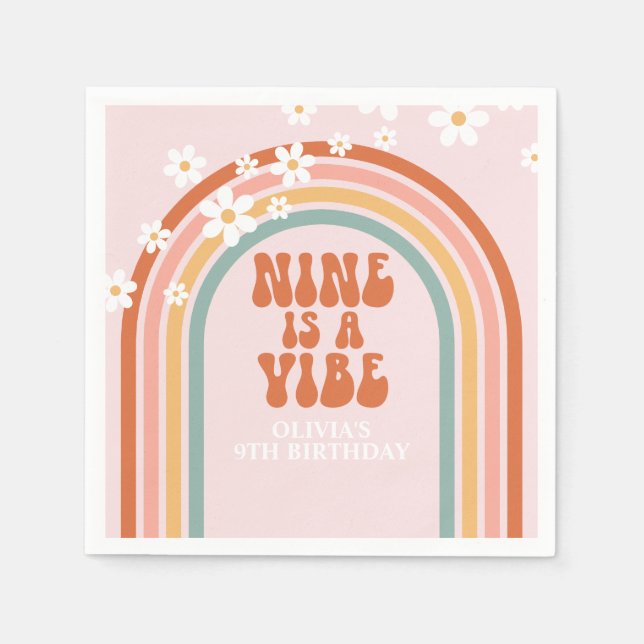 Groovy Nine is a vibe daisy rainbow 9th birthday Napkin (Front)