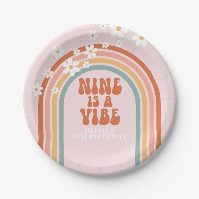 Groovy Nine is a vibe daisy rainbow 9th birthday Paper Plate (Front)