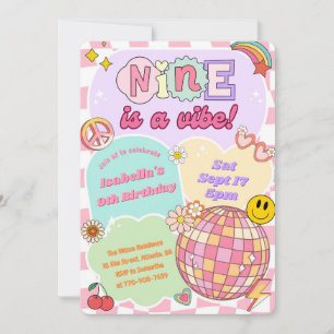 Groovy Nine is a Vibe Retro Girl 9th Birthday Invitation
