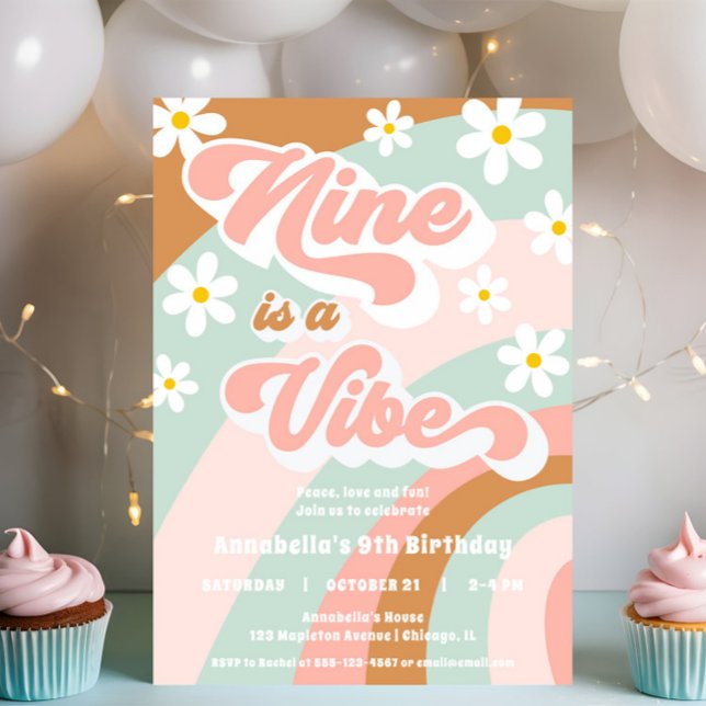 Groovy Nine is a Vibe retro pastels 9th birthday Invitation (Creator Uploaded)
