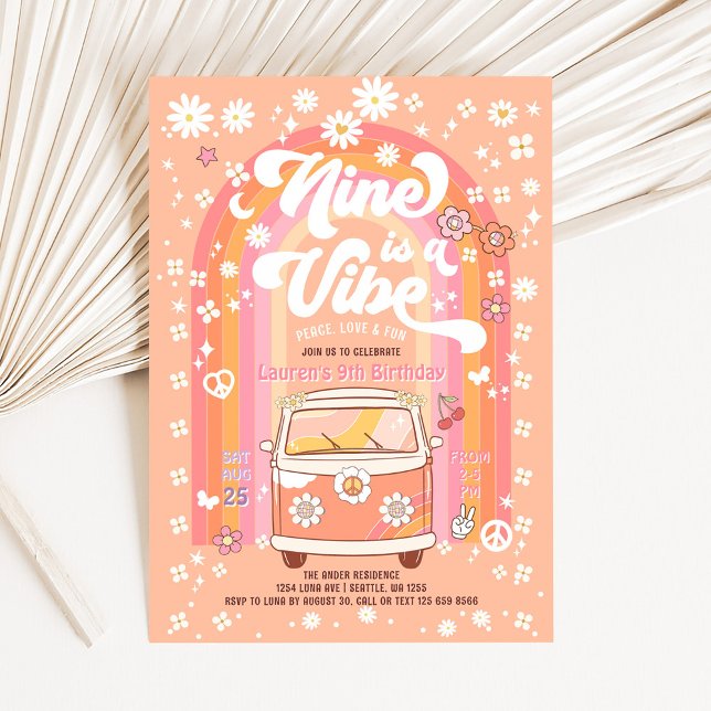 Groovy Nine is a Vibe Van Bus 9th Birthday Invitation (Creator Uploaded)