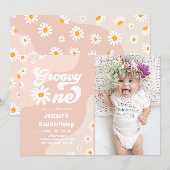 Groovy One 1st Birthday Party Boho Floral Daisy Invitation (Front/Back)